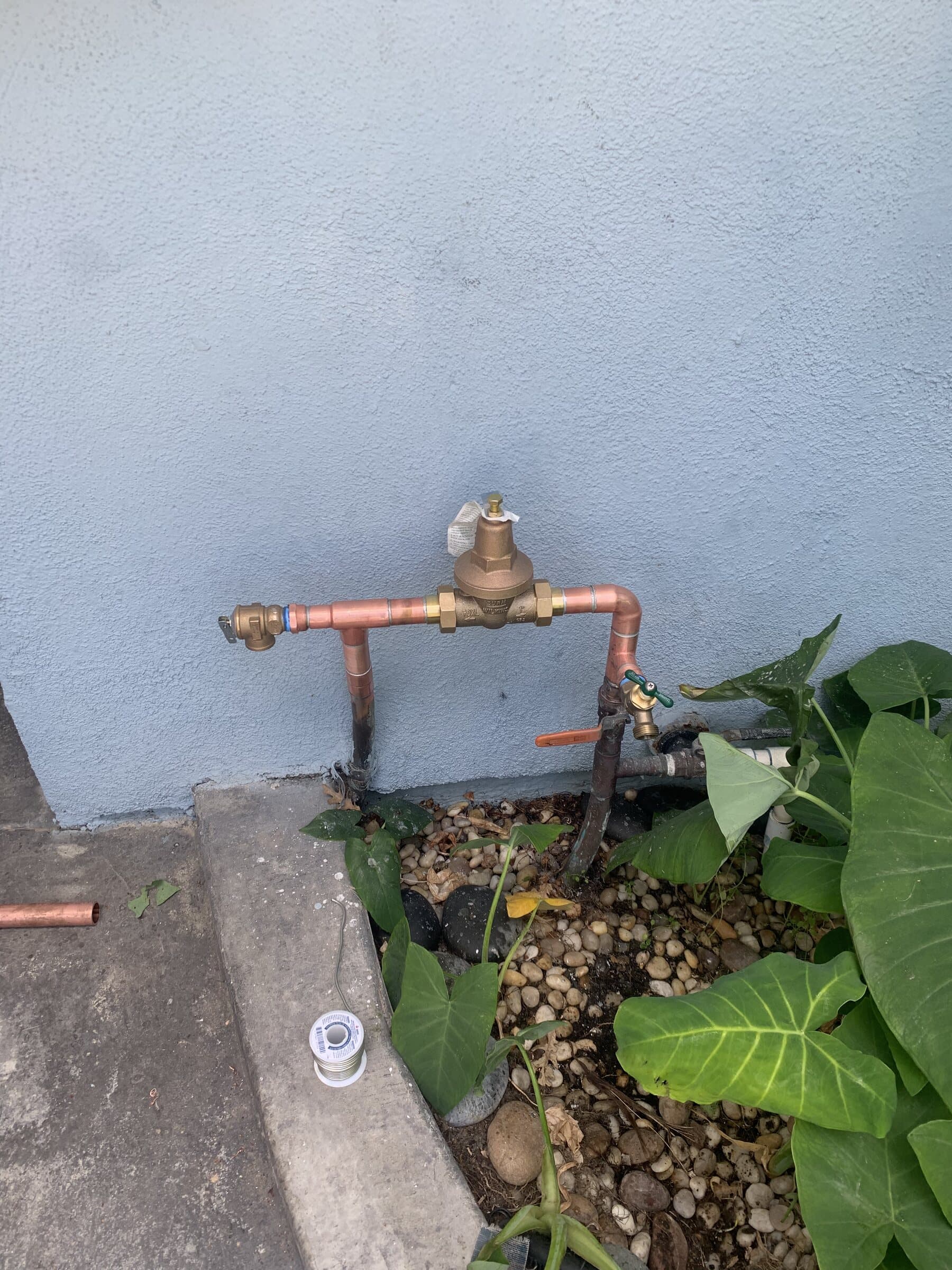 Exterior copper hose bib with a brass shutoff valve mounted on a painted stucco wall above a planted bed